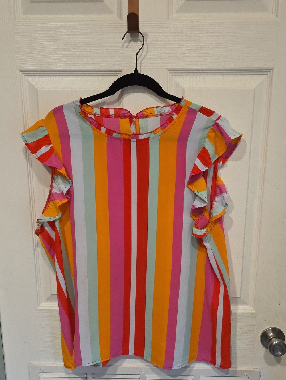 Woman's Multi-Color Stripe Ruffle Sleeve Dress - Pink/Yellow/Red